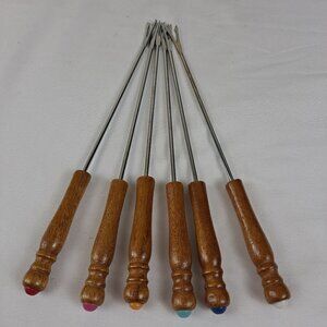 Vintage Set of 6 Fondue Forks Wooden Handles with Colorful Ends Stainless Steel